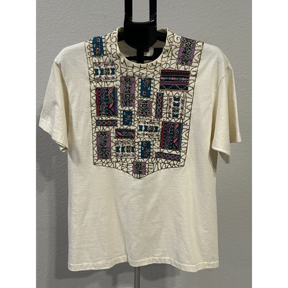 Vtg 90s Fruit of the Loom Embroidered T Shirt Large Made in USA Beaded Cream L